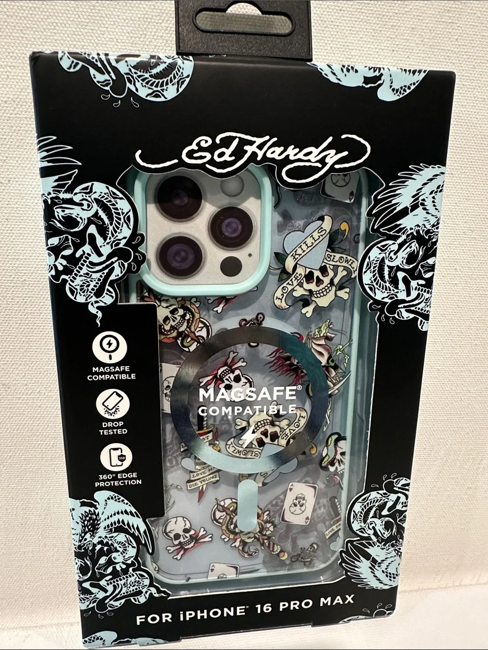 NIB Ed Hardy Love Kills Slowly White iPhone 16 Pro Max Case MagSafe Compatible.